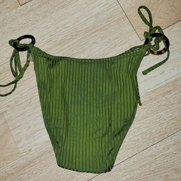 J.Crew Swimwear String Bikini Bottom M Curved Waist Cheeky Ribbed Rings Green - Picture 2 of 8
